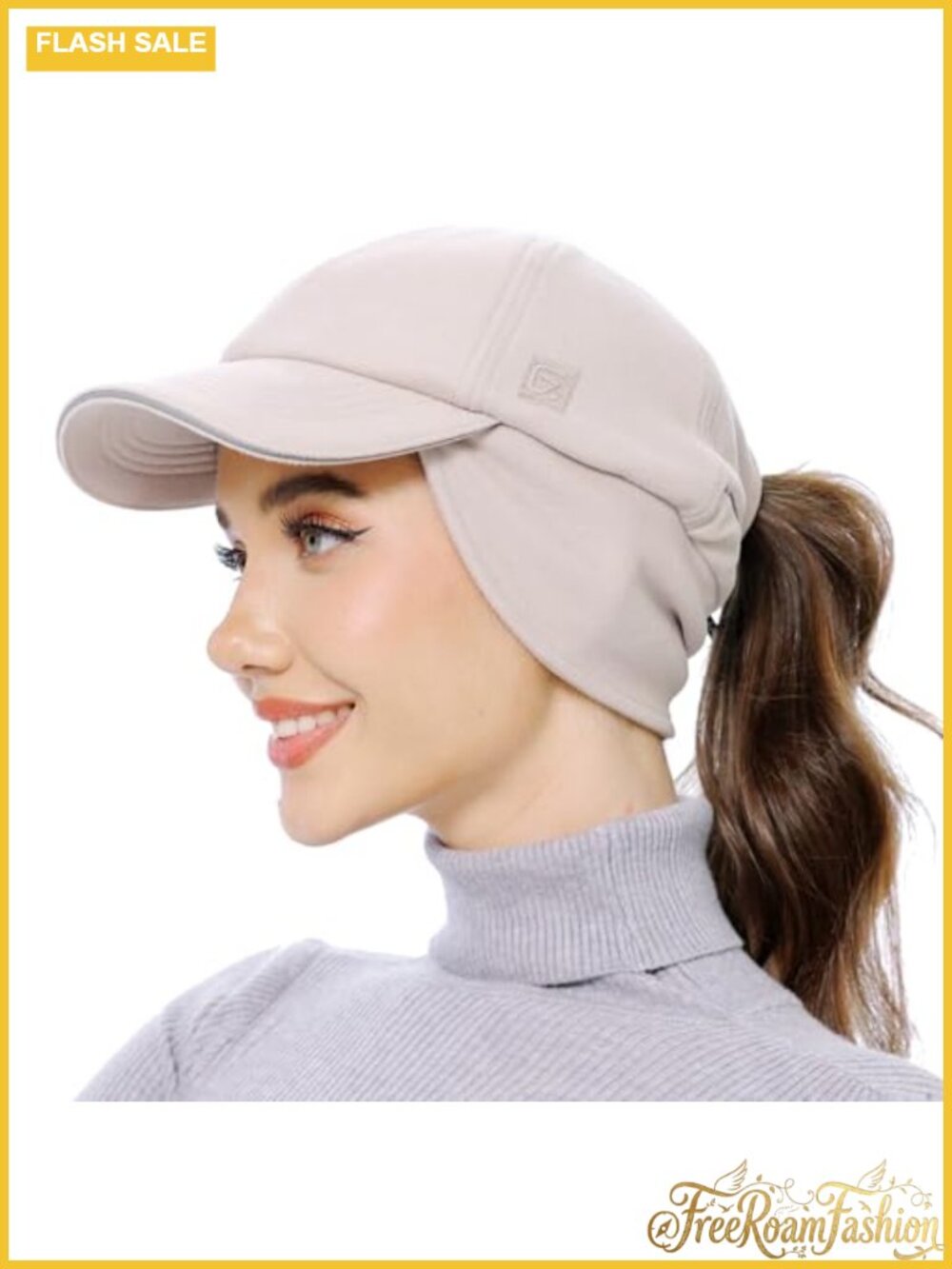 Fleece Ponytail Beanie with Reflective Ear Warmer & Adjustable Strap